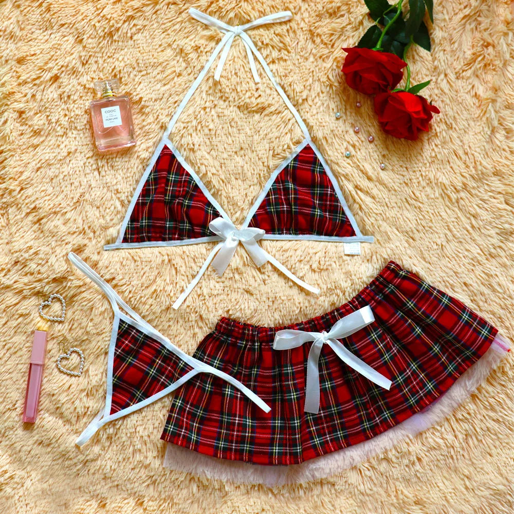 Playful Red Plaid Schoolgirl Lingerie Set